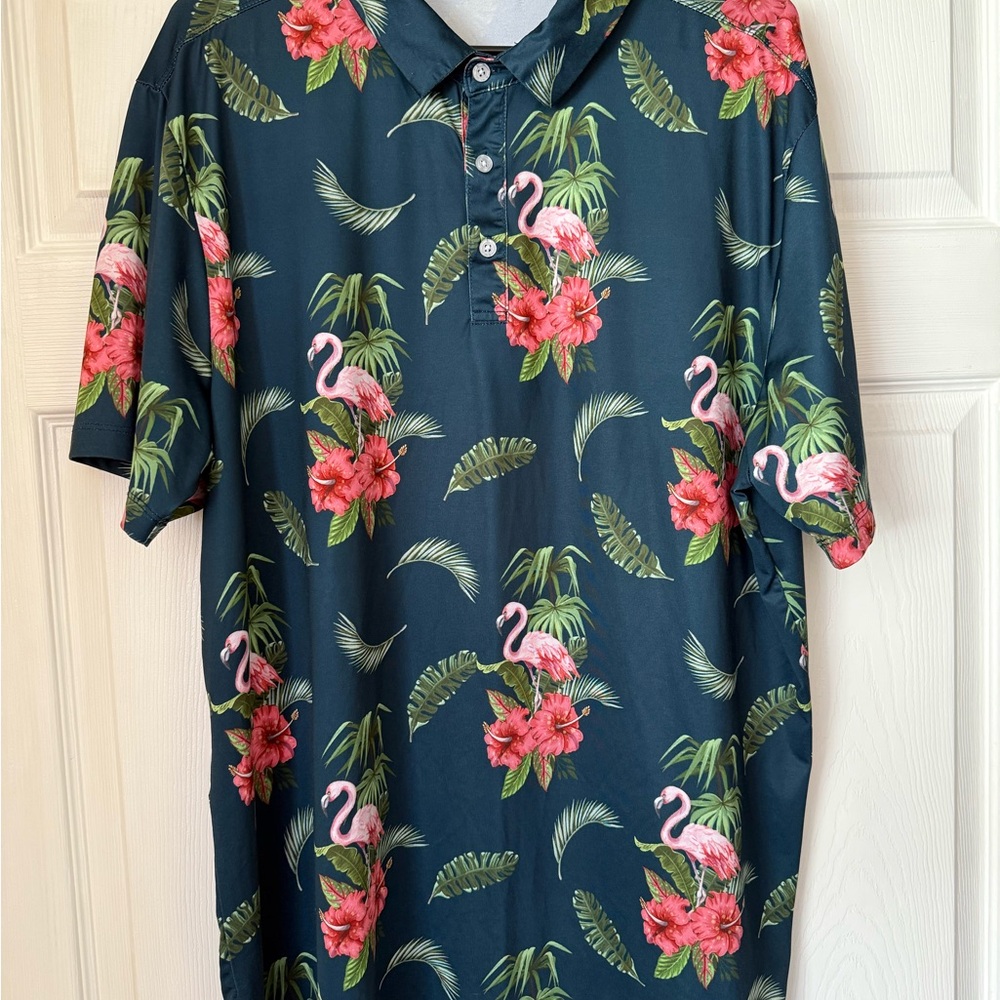 Men's Yatta Golf Navy Tropical Flamingo Polo